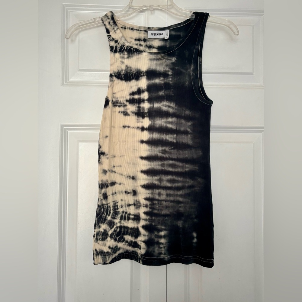 Weekday Ribbed Black and Cream Tie-Dye Tank Top SM